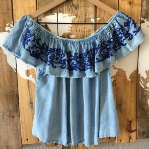 Style Envy off shoulder embroidered chambray top